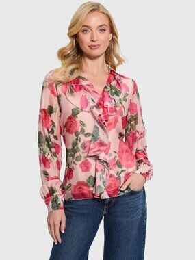 NWT Guess Floral Ruffle V-Neck Sheer Floral Blouse Pink Rose XL Made In Italy